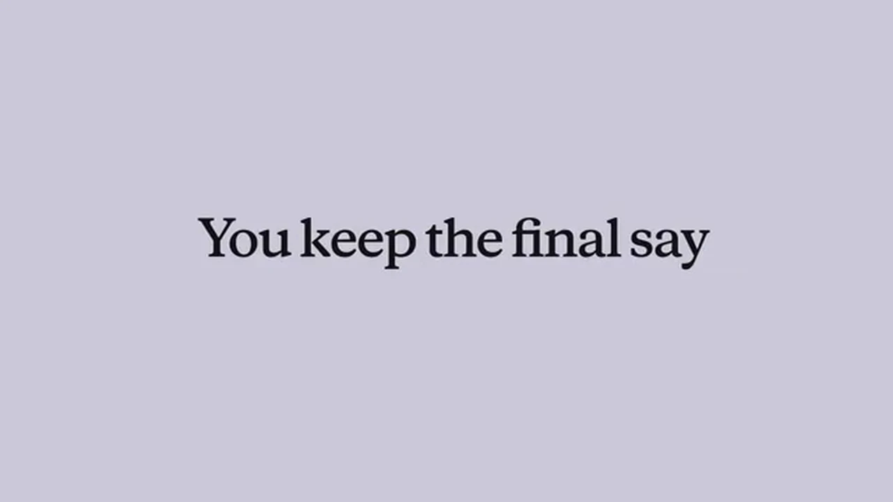 A lavender screen from the Claude Duet launch video with the words “You keep the final say” in black serif type