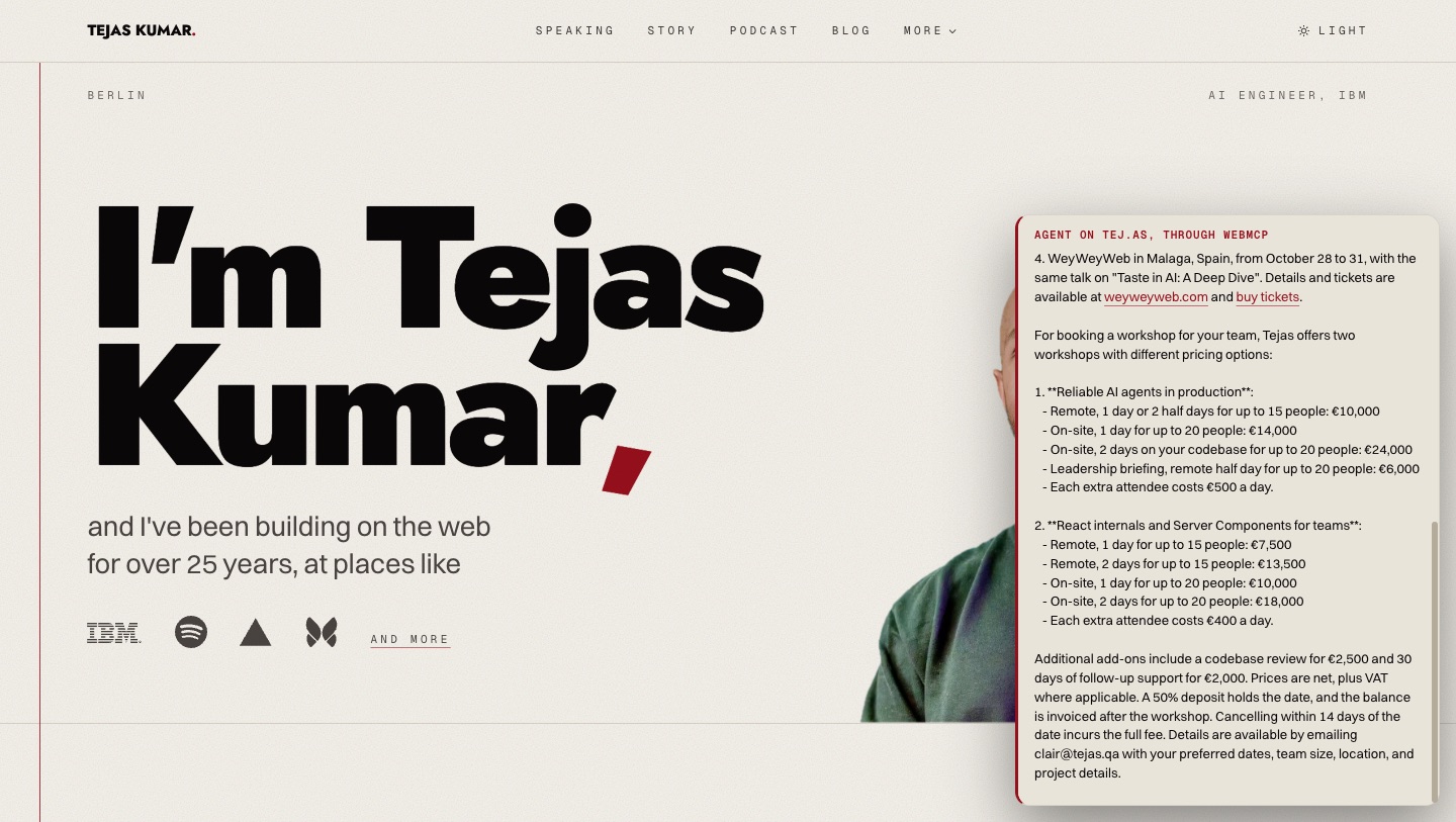 The tej.as home page with the WebMCP demo panel open on the right, showing the agent’s answer: my October 2026 conferences and the prices of my 2 workshops